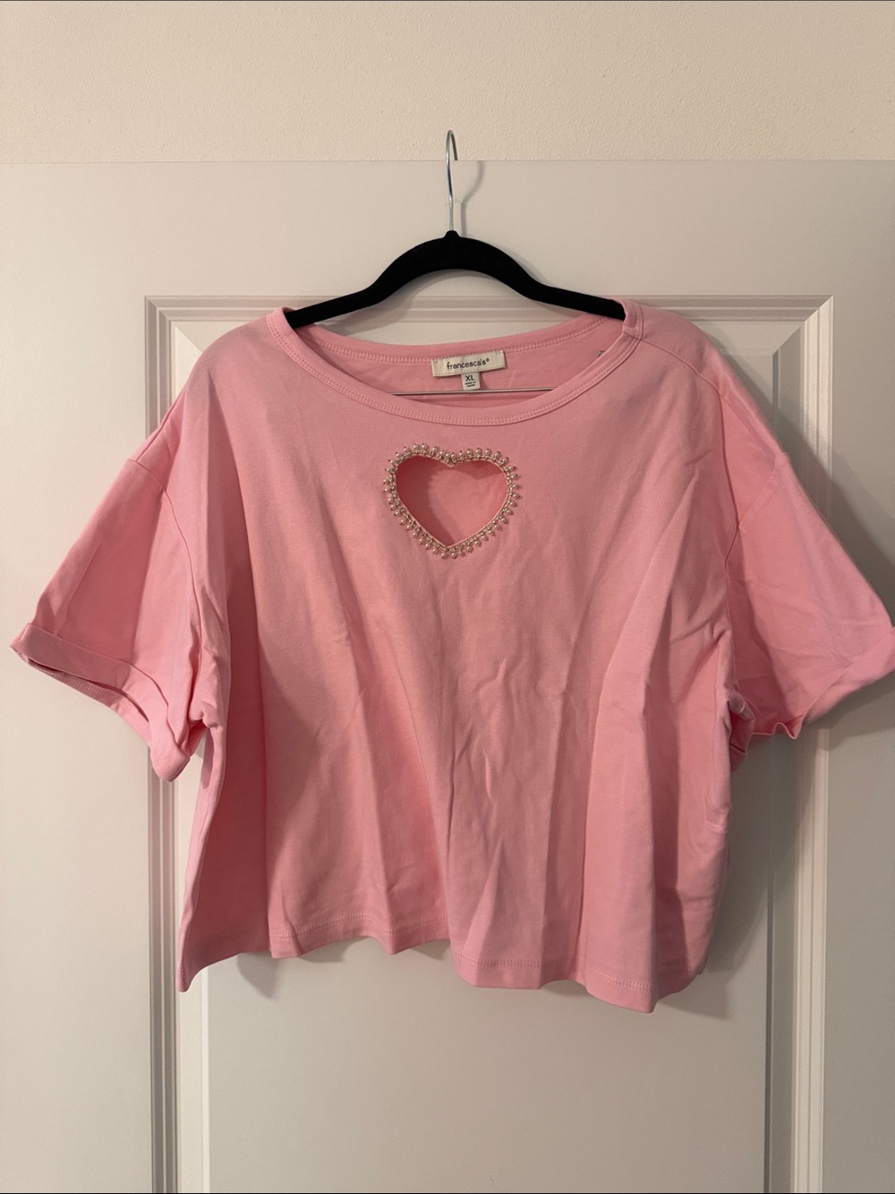 Francesca's Collections Pink Short Sleeve Tee with Heart Cutout